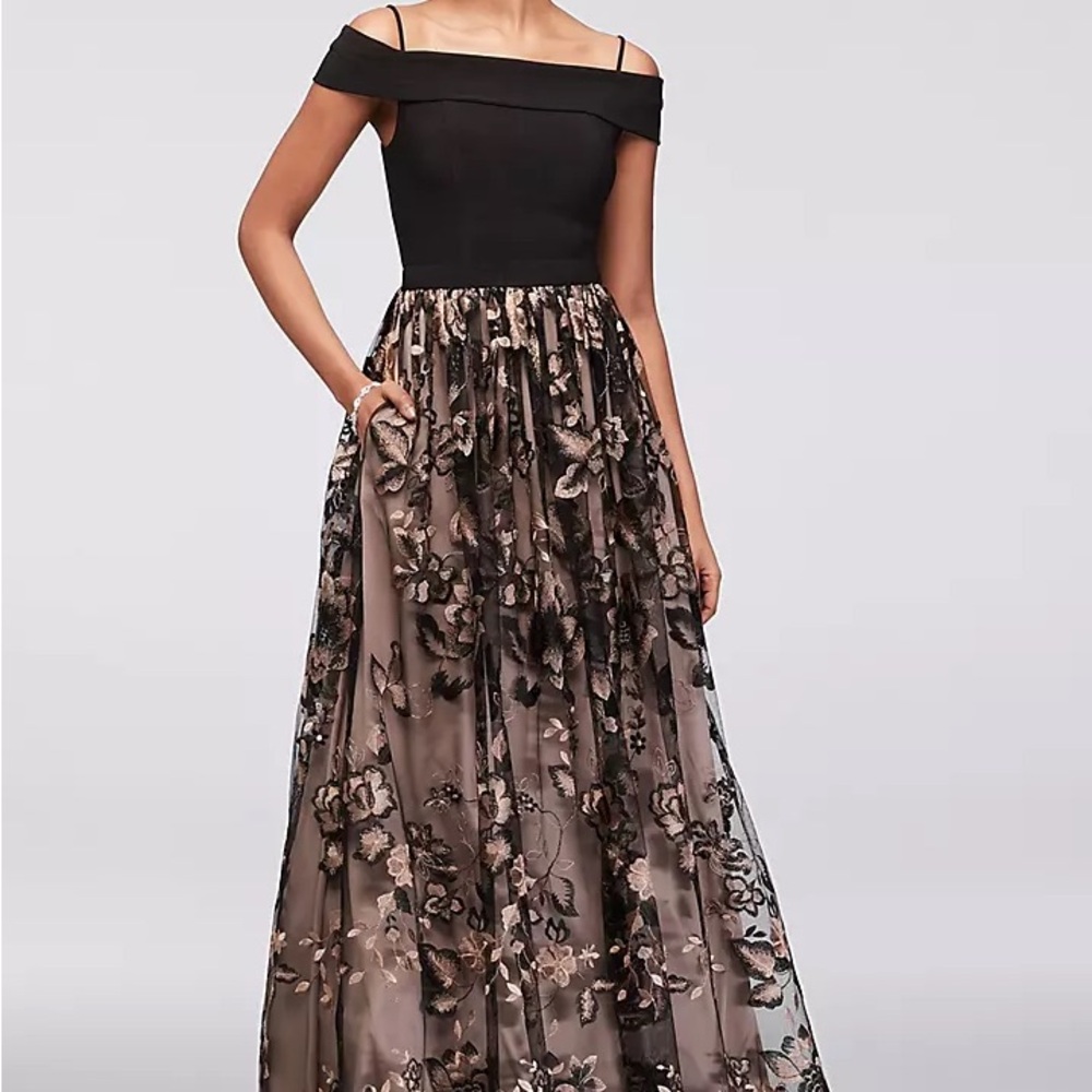 NIGHTWAY Embroidered Off-the-Shoulder Mesh and Jersey Gown